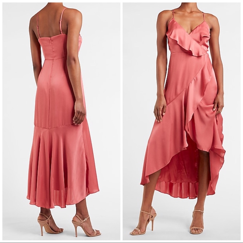 Express Satin Ruffle Wrap Midi high low Dress